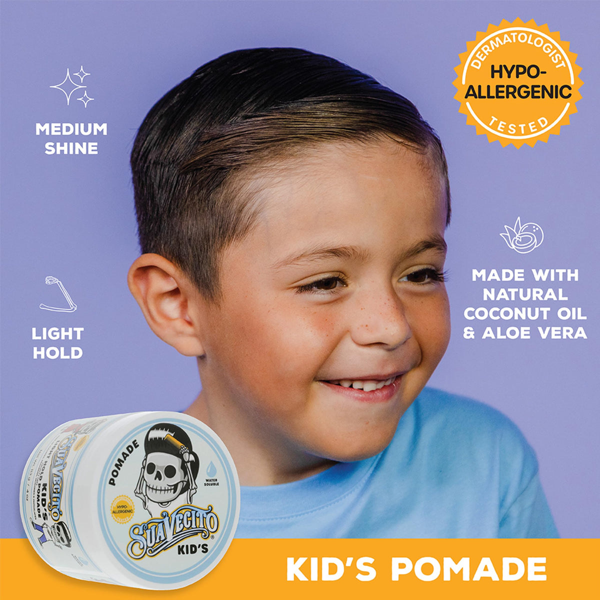 Child with styled hair using Suavecito pomade showing natural look and comfortable hold