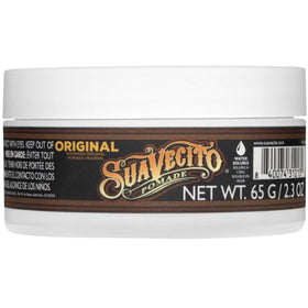 Suavecito label detail highlighting brand and light scent for fresh grooming