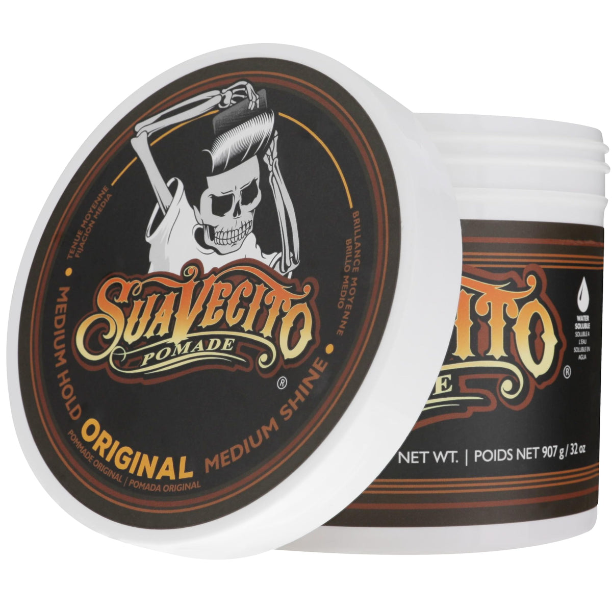 Suavecito tub side label closeup highlighting brand and formulation benefit
