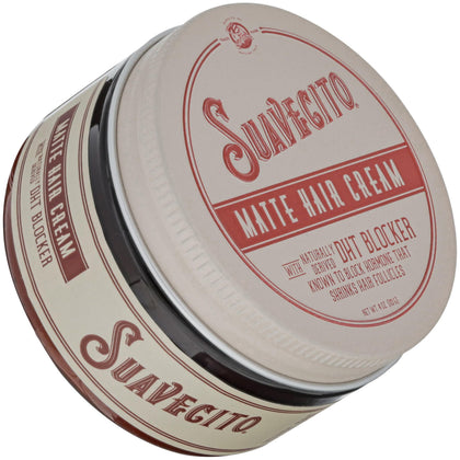 Suavecito matte hair cream front jar showing packaging and low-shine benefit