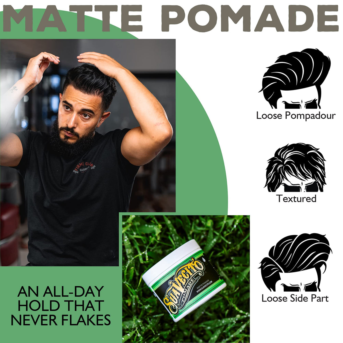 Suavecito matte pomade applied in hair creates natural texture and control