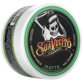 Suavecito matte pomade front jar showing branding and matte benefit