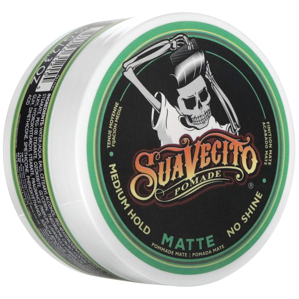 Suavecito matte pomade front jar showing branding and matte benefit