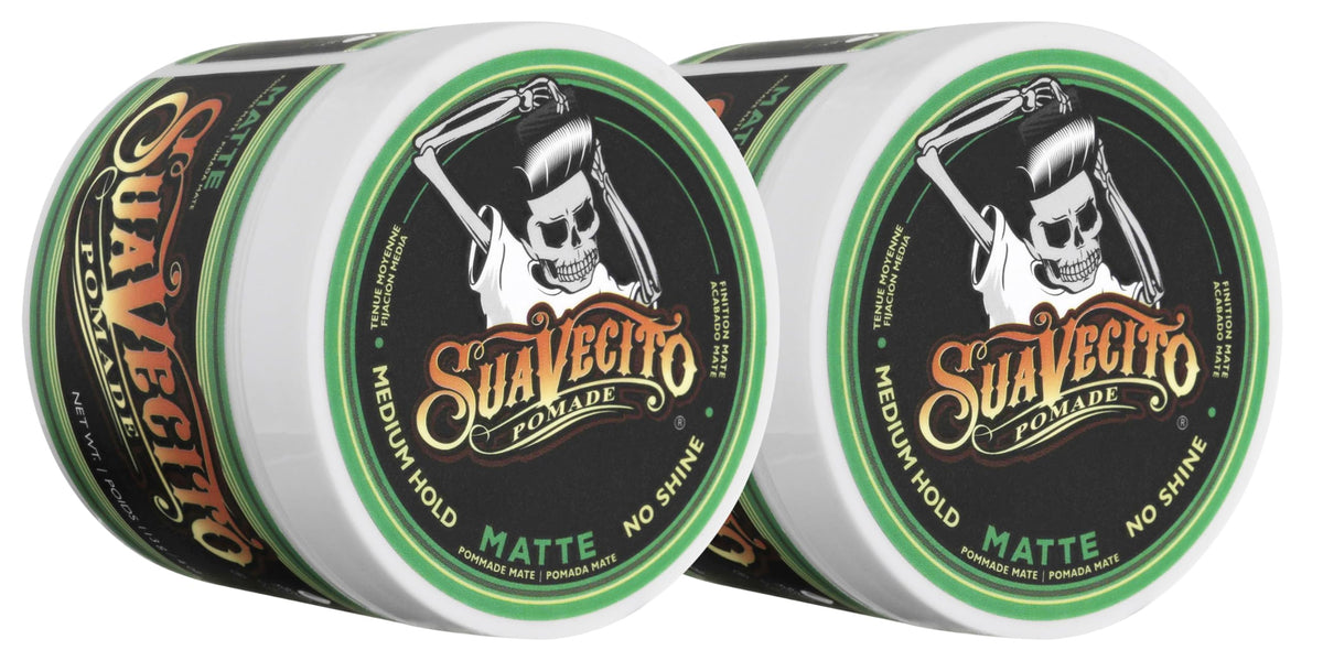 Suavecito matte pomade front packaging showing product and branding benefit