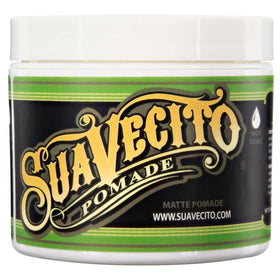 Suavecito matte pomade front tub showing branding and matte finish benefit