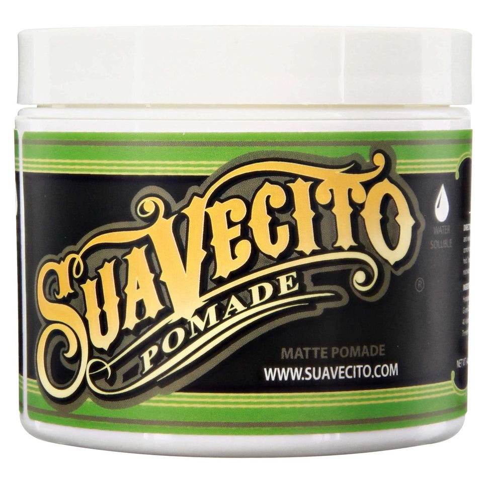 Suavecito matte pomade front tub showing branding and matte finish benefit
