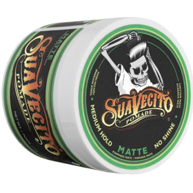 Suavecito matte pomade label closeup highlighting ingredients and clarity benefit
