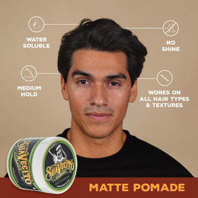 Suavecito matte pomade label close-up highlighting ingredients and quality