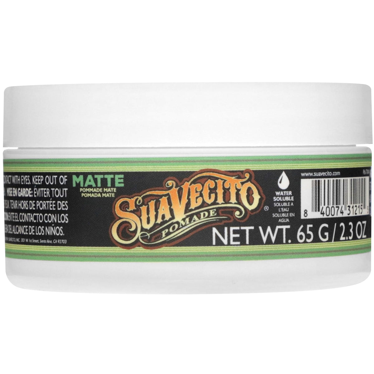Close-up of Suavecito label showing ingredient clarity and water-soluble benefit