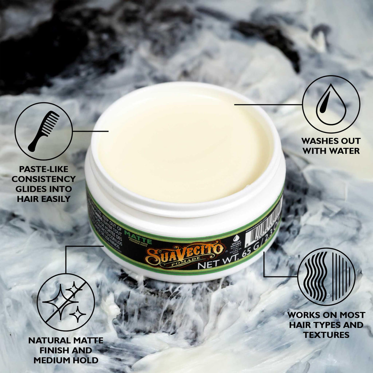 Suavecito matte pomade open showing creamy texture and easy styling benefit