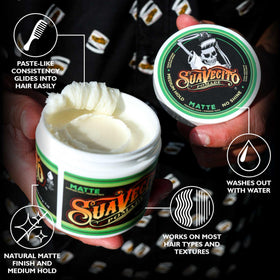 Suavecito matte pomade open tin showing creamy paste consistency benefit