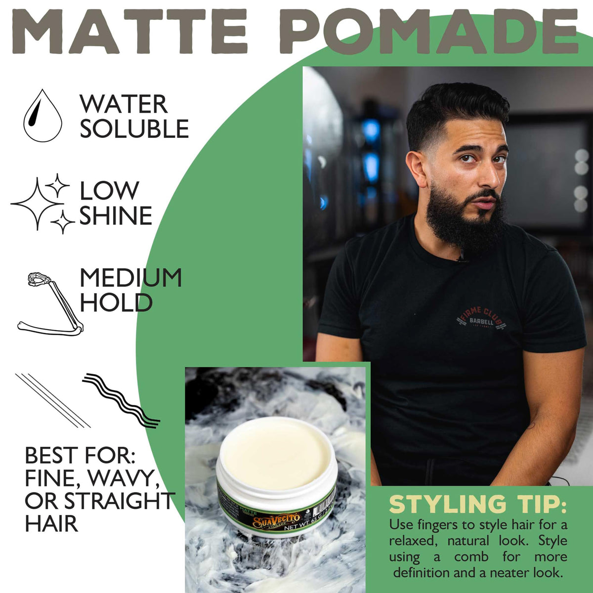 Pomade next to ruler showing 2.3 oz Suavecito size and travel-ready benefit