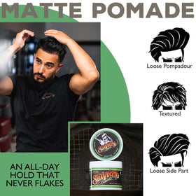 Suavecito matte pomade side label detail highlighting ingredients and clear usage benefit