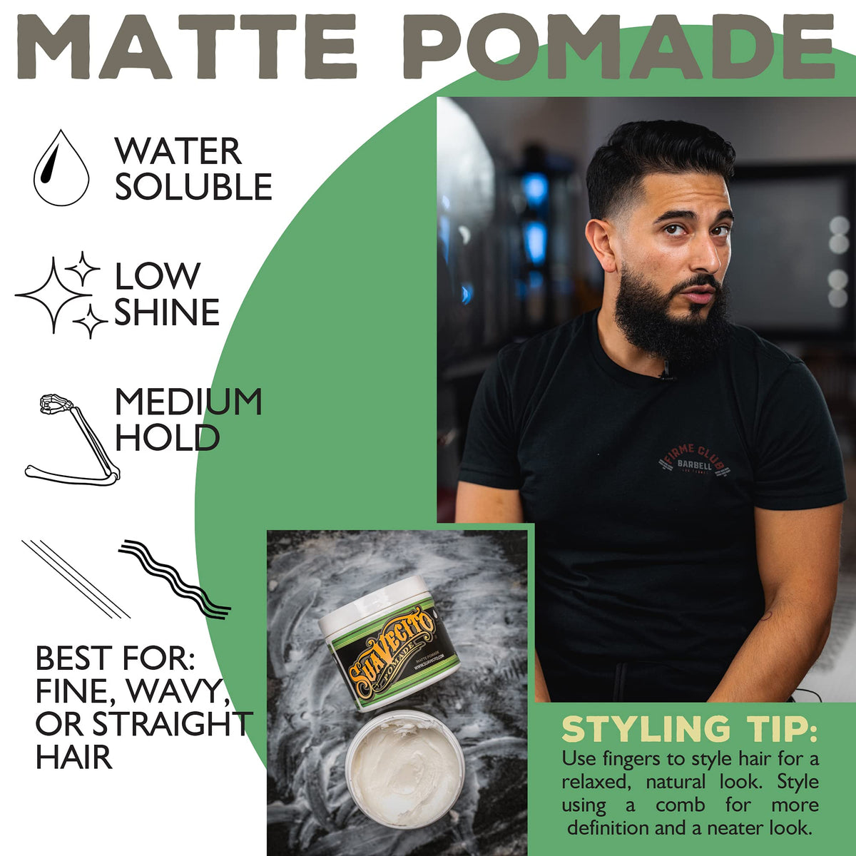 Suavecito matte pomade held in hand to show 5 oz scale and portability