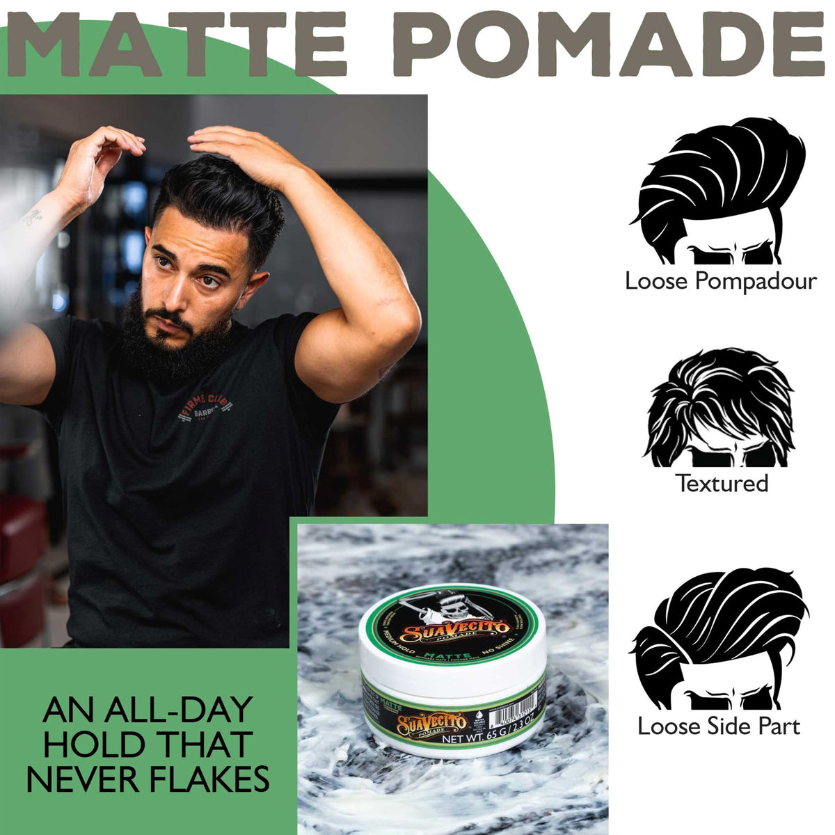 Styled hair using Suavecito matte pomade showing natural texture benefit