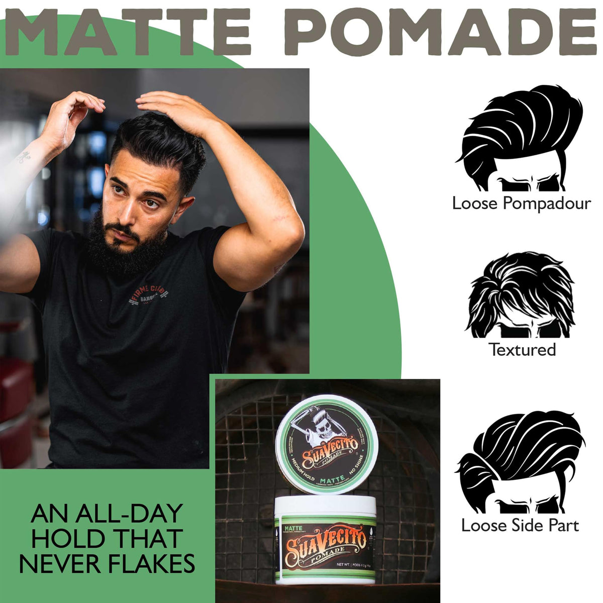 Suavecito styled hairstyle side view highlights natural matte finish