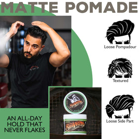 Suavecito styled hairstyle side view highlights natural matte finish