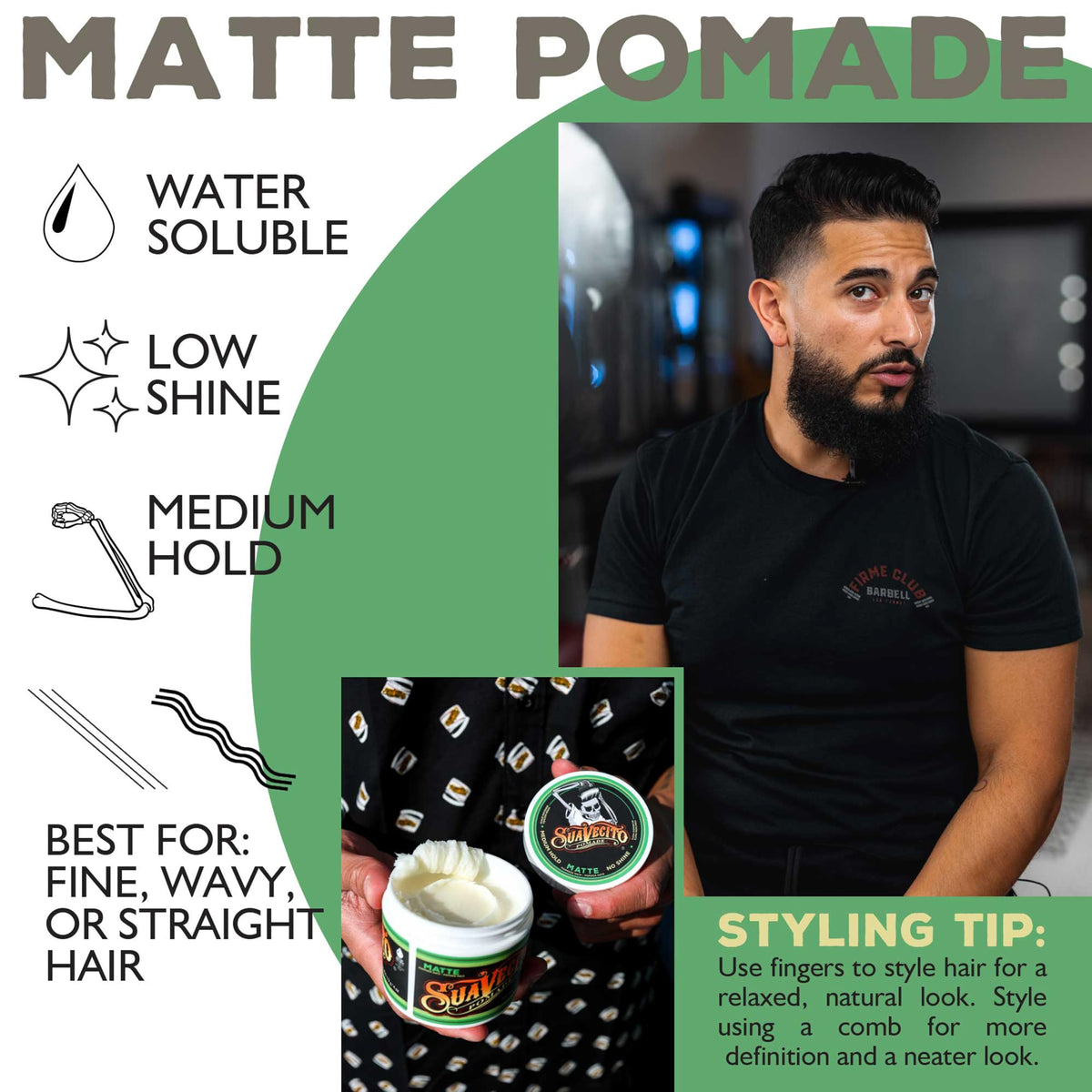 Suavecito matte pomade textured messy style showing natural matte finish benefit
