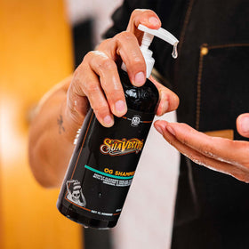 Suavecito bottle on shower shelf illustrating daily grooming convenience
