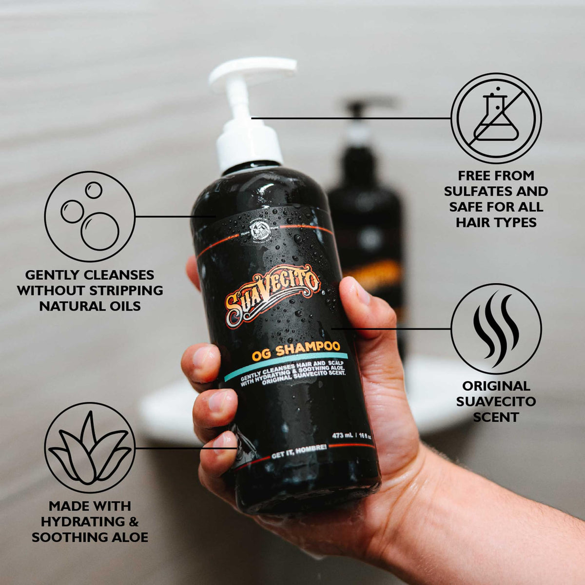 Suavecito pump action dispensing shampoo for easy one-handed use
