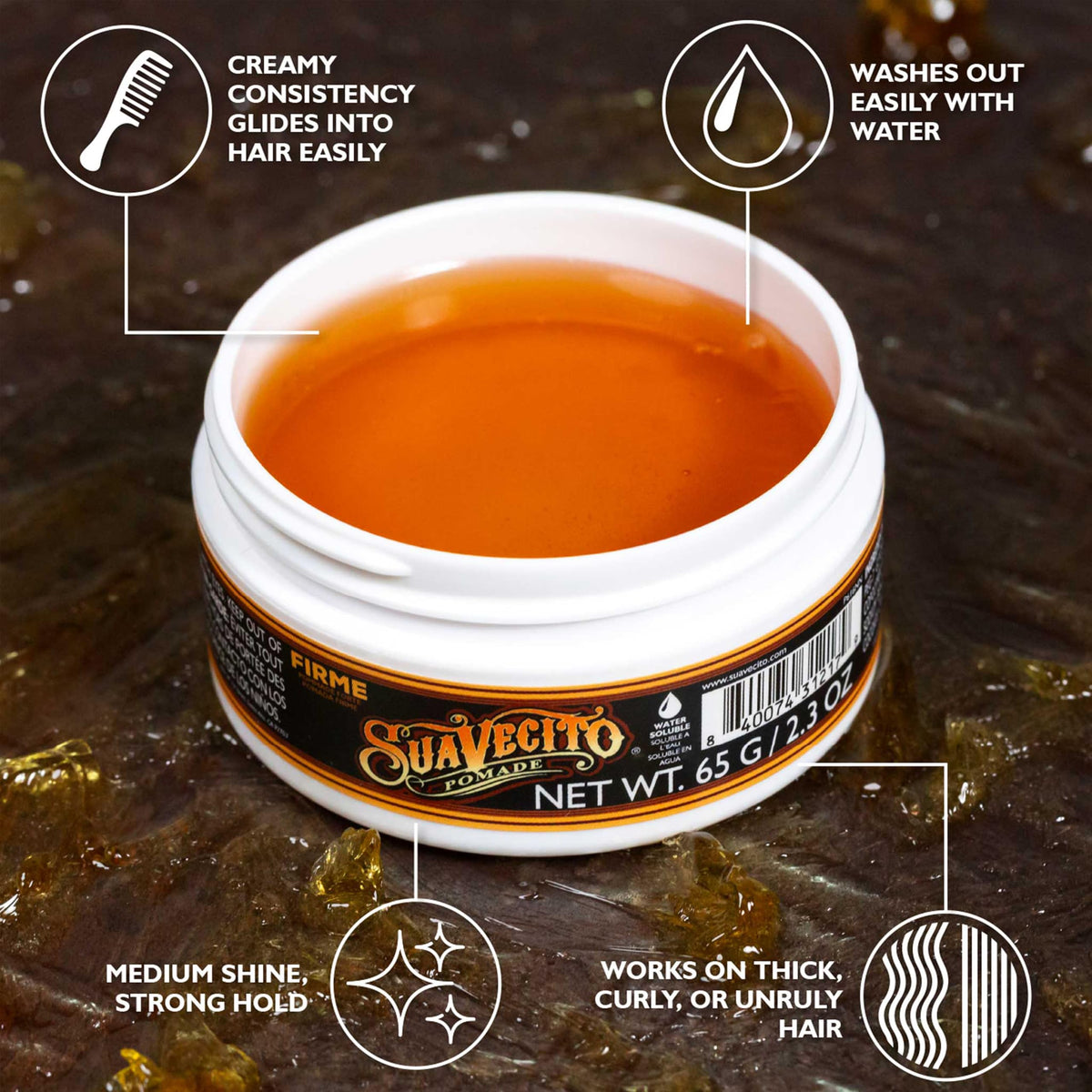 suavecito open jar close-up of creamy texture demonstrating smooth combability benefit