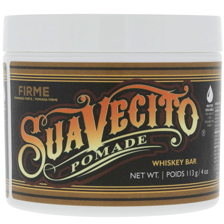 Suavecito jar front view showing pomade label and strong-hold promise