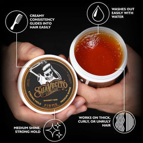 Suavecito open jar texture close-up showing creamy pomade for easy styling