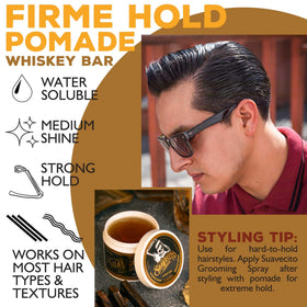 Model with styled pompadour using Suavecito for structured, long-lasting hold