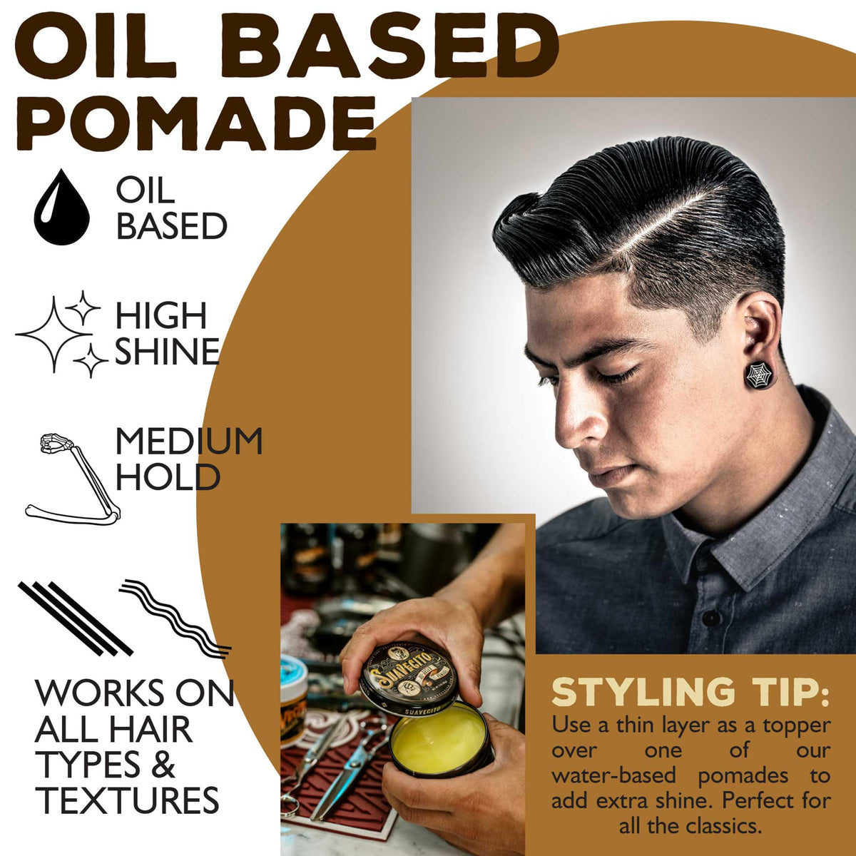 suavecito pompadour side profile showing strong hold and elevated vintage silhouette