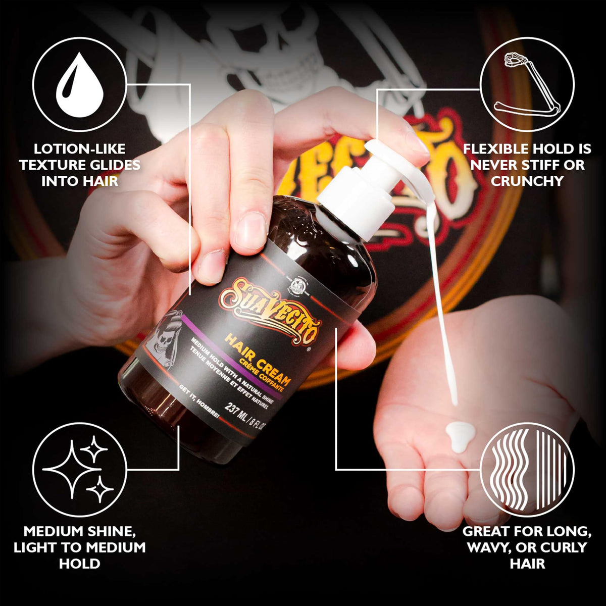 Suavecito pump dispensing cream into palm for quick application benefit