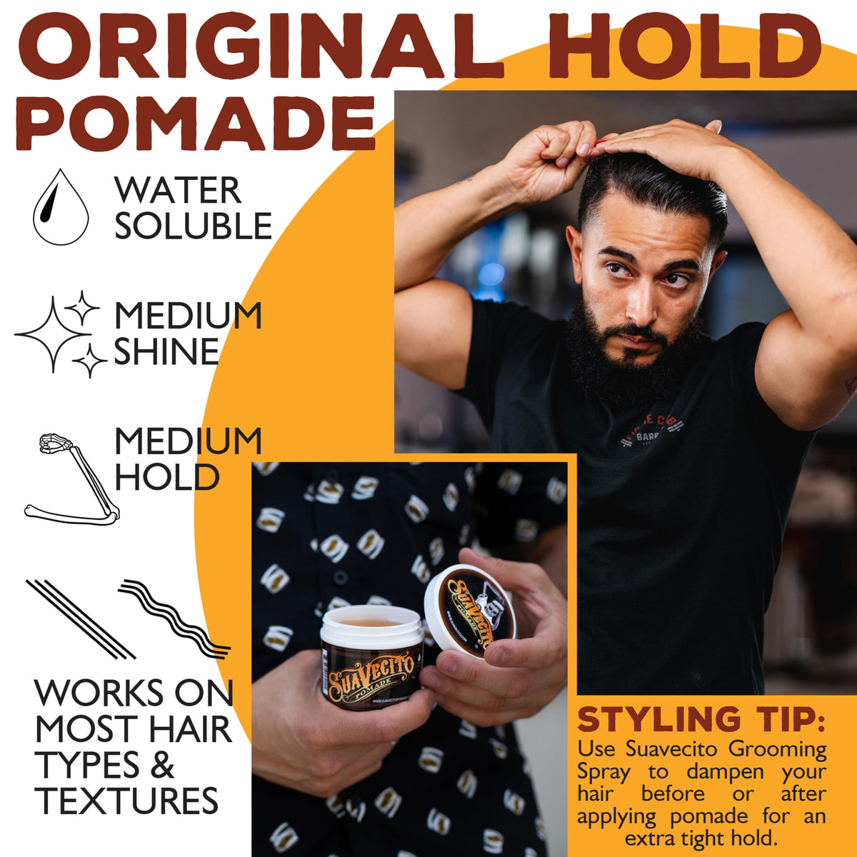 Slick back hairstyle finished with Suavecito showing medium shine