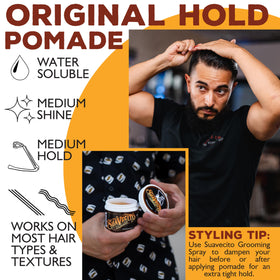 Slick back hairstyle finished with Suavecito showing medium shine