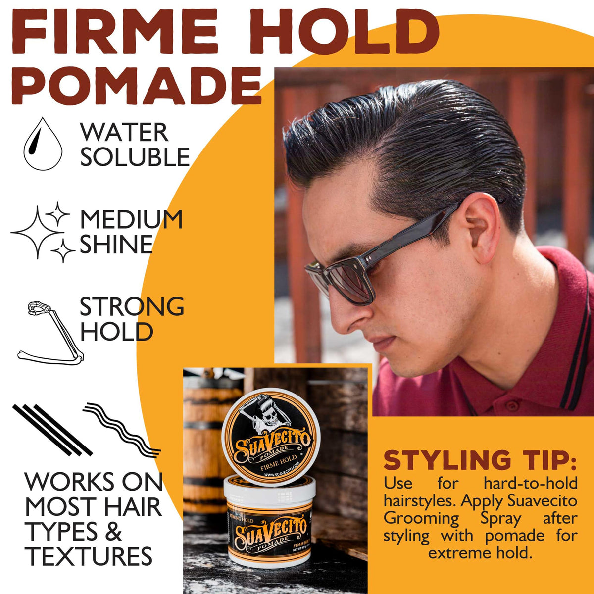 Suavecito applied to hair in slick-back style for all-day hold benefit