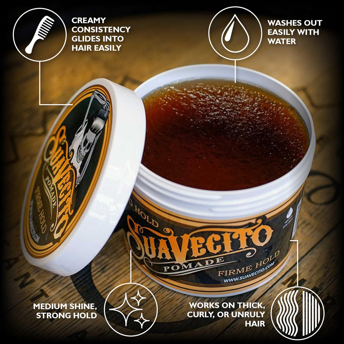 Suavecito open tub showing creamy wax-like texture for easy application