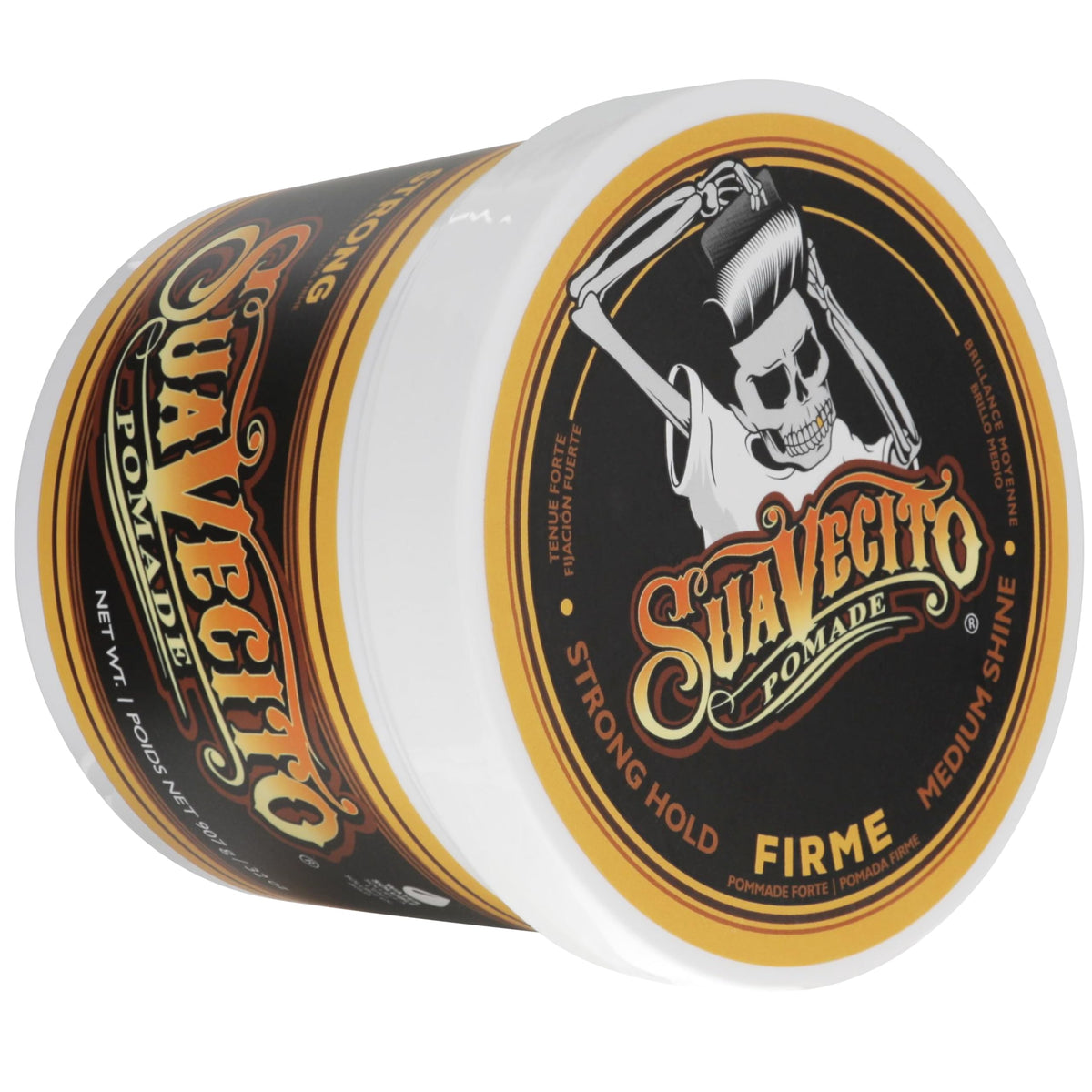 Suavecito used in pompadour showing medium shine and structured volume