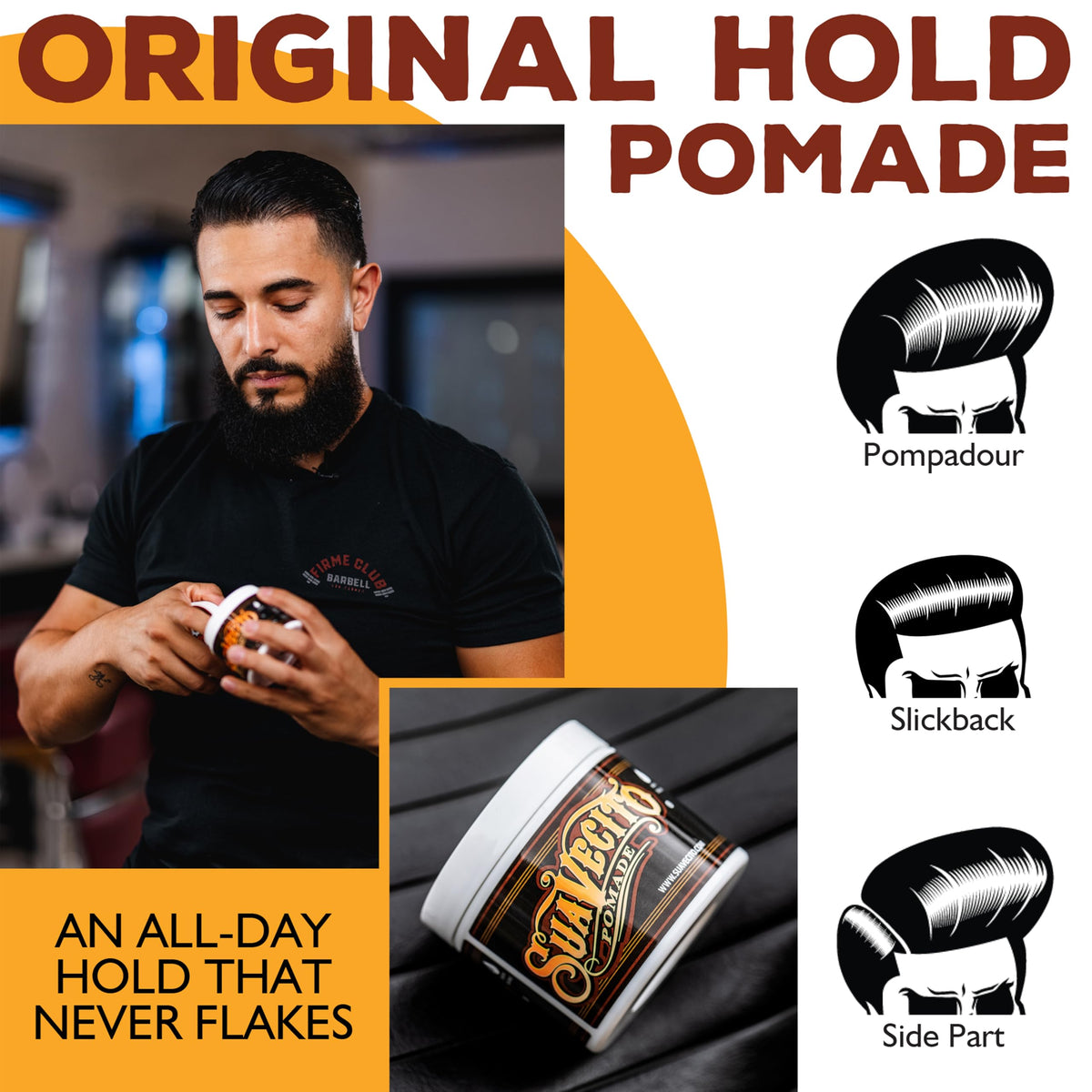 Suavecito styled hair combed back showing medium hold and natural shine