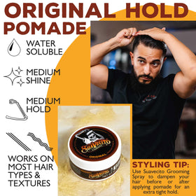 Suavecito styled pompadour on model showing medium shine and defined shape