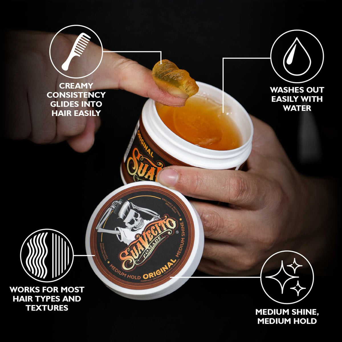 Suavecito pomade creamy texture close-up highlighting smooth spreadability