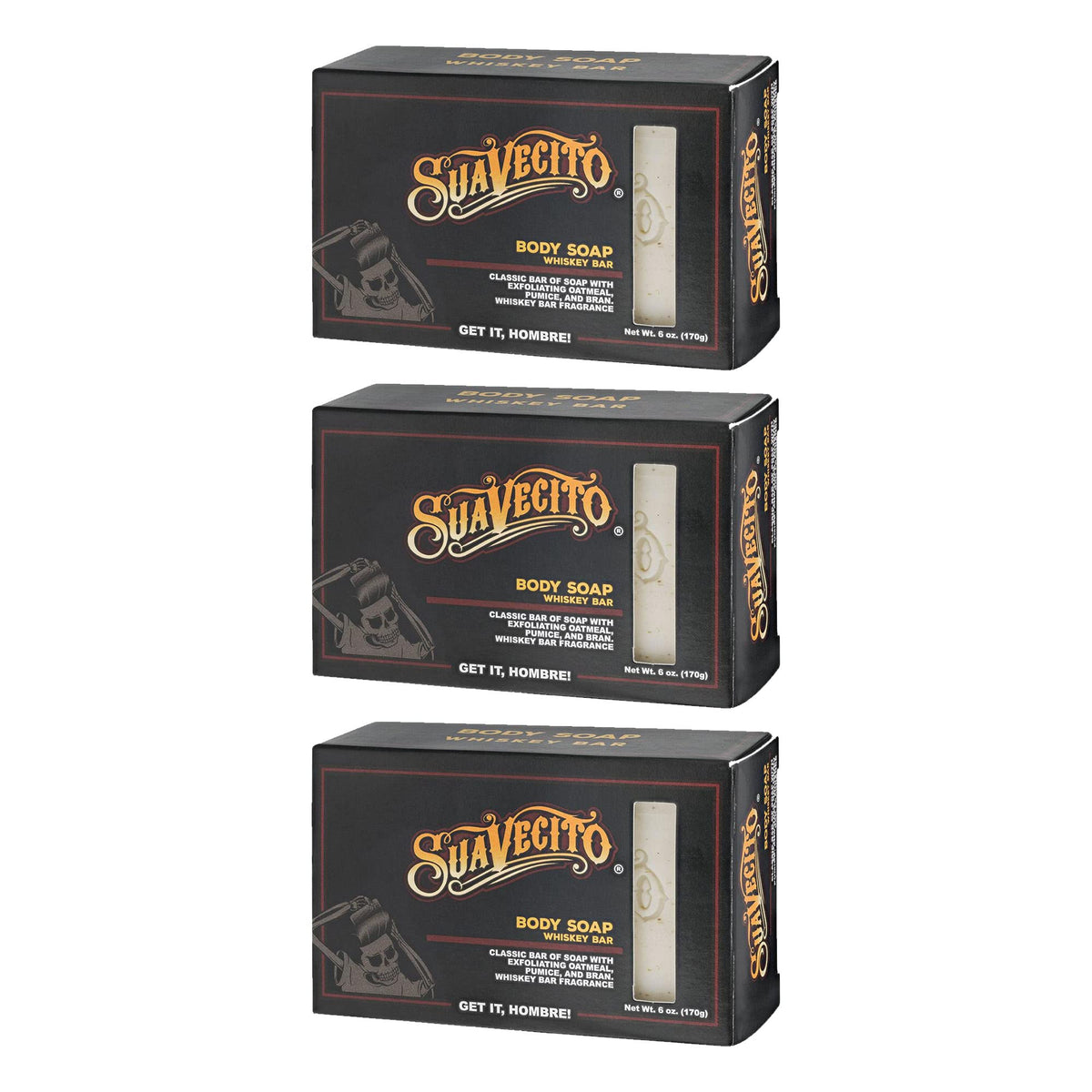 Suavecito front packaging showing Whiskey Bar scent and three-pack benefit