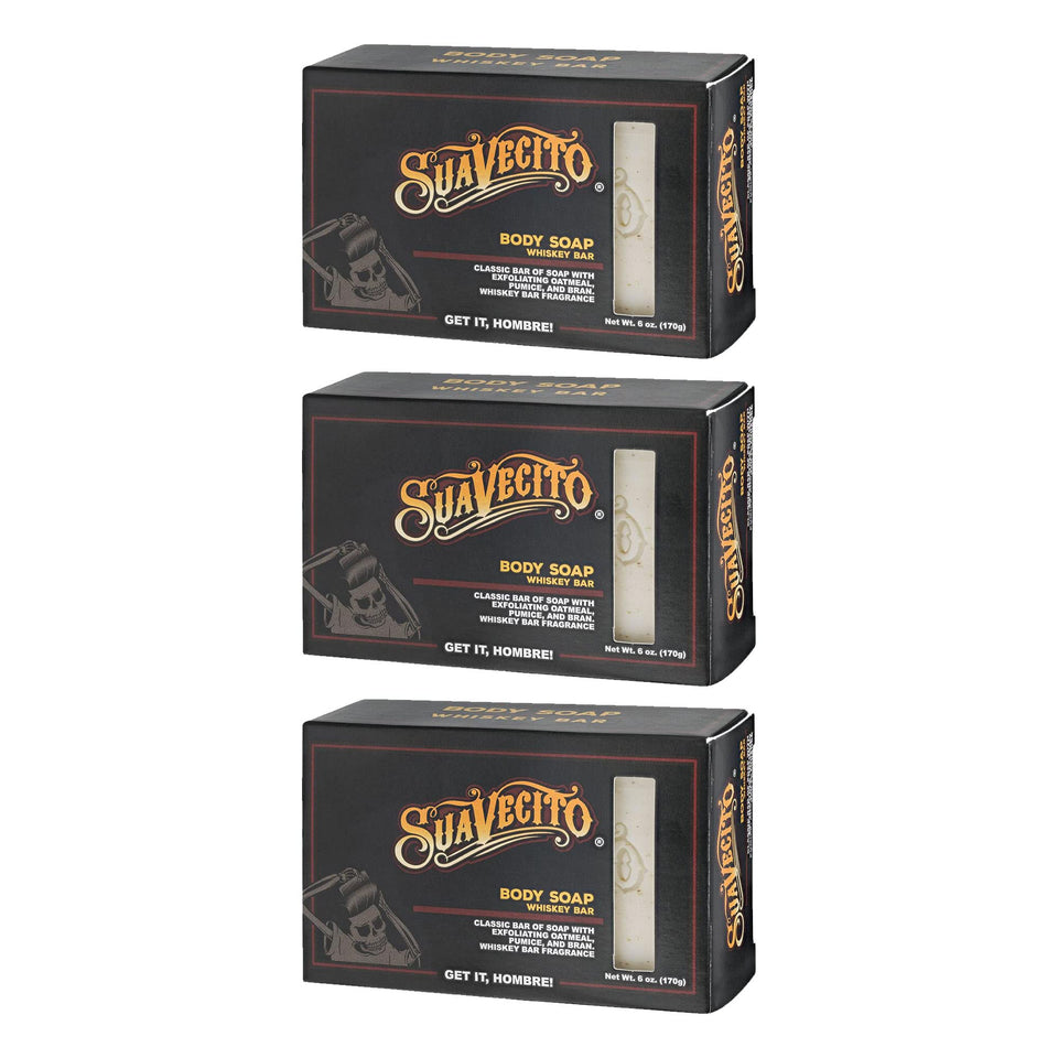 Suavecito front packaging showing Whiskey Bar scent and three-pack benefit
