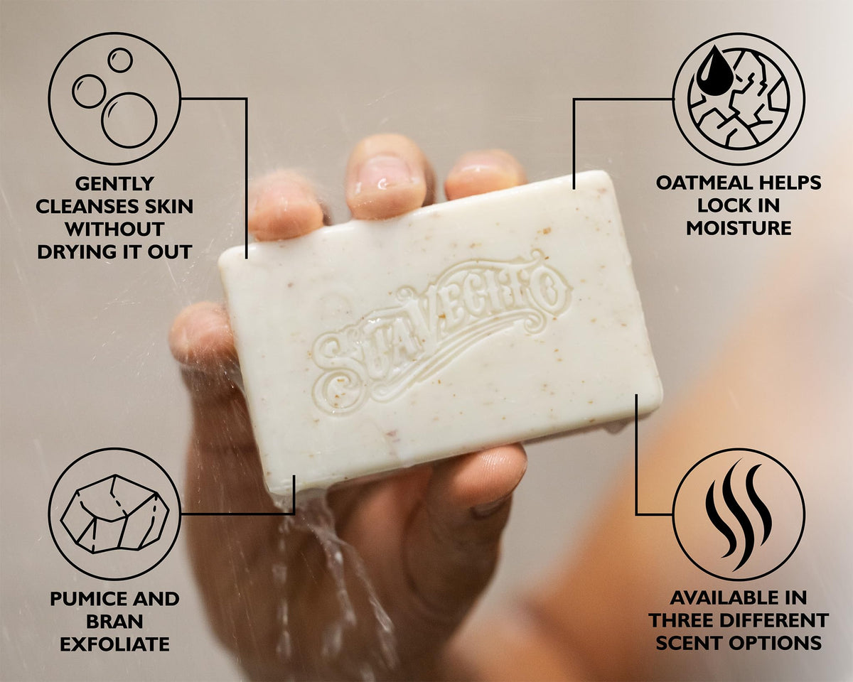 Suavecito bar on bathroom shelf styled to show masculine grooming routine