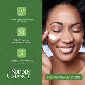 Before and after comparison with Sudden Change showing visible smoothing and improved skin appearance benefit