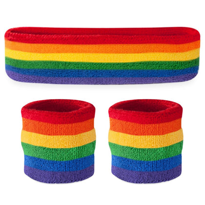 Suddora front view of striped sweatband set showing colors and fit benefit