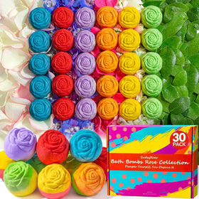 SudsyRoar front packaging showing 30 rose-shaped bath bombs, ideal gifting