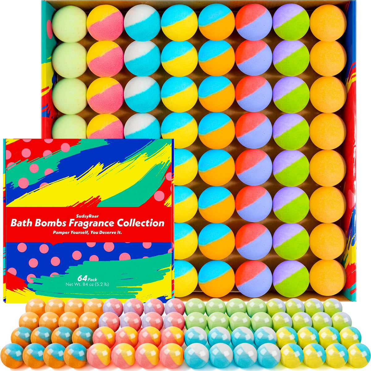 SudsyRoar front packaging showing 64-pack value and variety for easy gifting