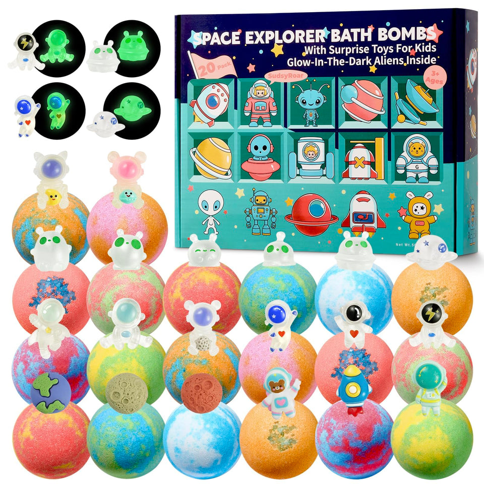 SudsyRoar front packaging showing 20 bath bombs and space toys, promotes gift-ready fun