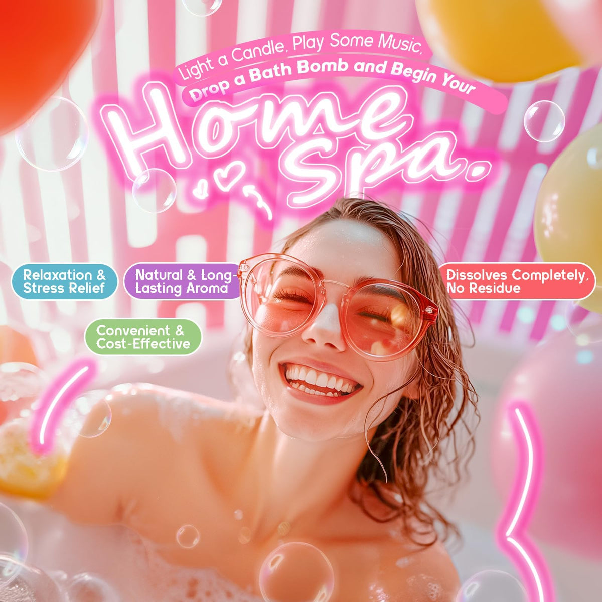 SudsyRoar gift-styled bathroom scene presenting bombs as thoughtful present