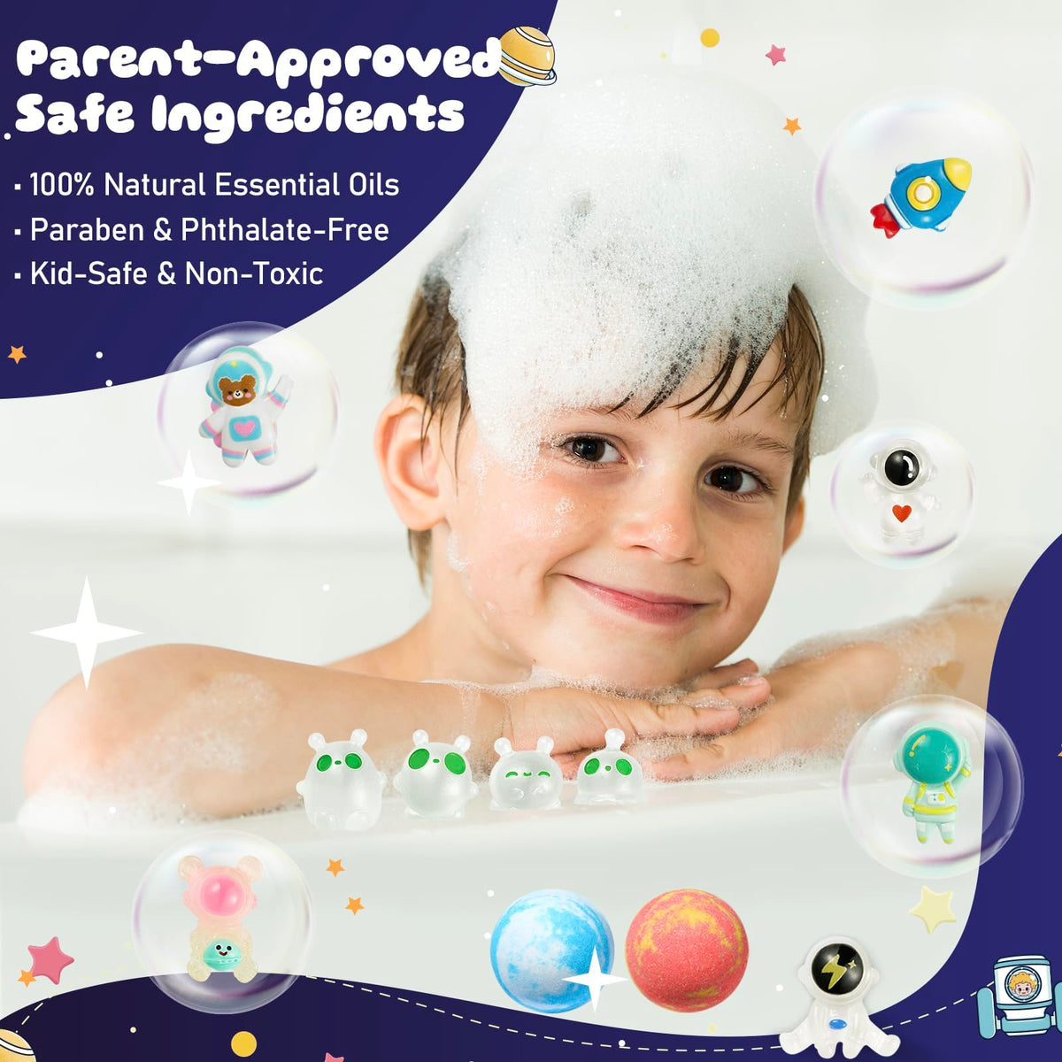 SudsyRoar glow-in-the-dark aliens glowing in a dim tub, adds nighttime excitement