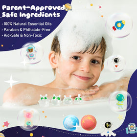 SudsyRoar glow-in-the-dark aliens glowing in a dim tub, adds nighttime excitement