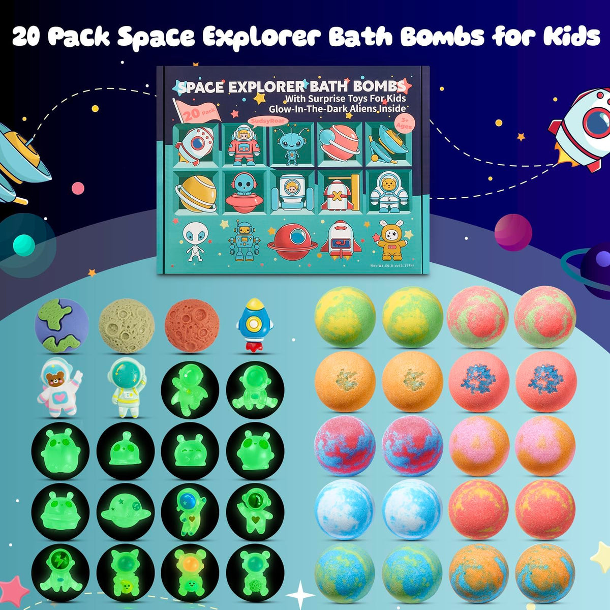 SudsyRoar revealed astronaut and rocket toys beside a popped bath bomb, encourages imaginative play